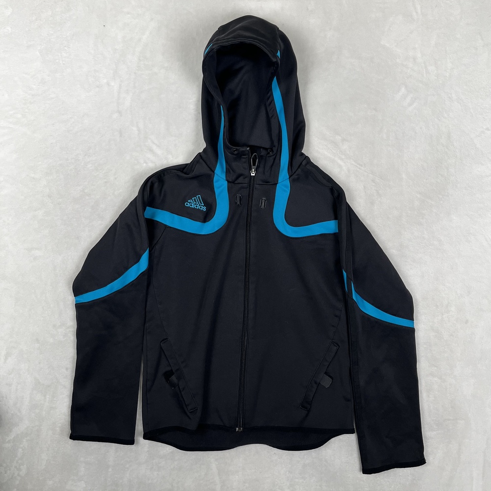 Adidas ClimaWarm Track Jacket Mens Small Black Blue Hooded Full Zip Fleece Lined